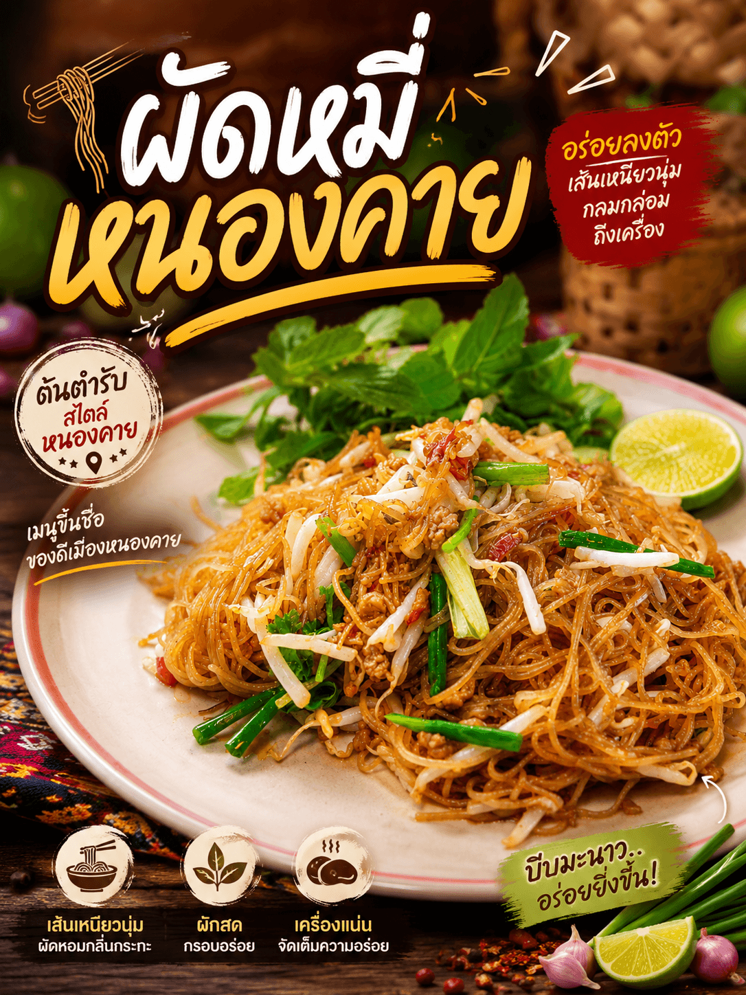 โปสเตอร์เมนูผัดหมี่หนองคายจากภาพอาหารอ้างอิง
